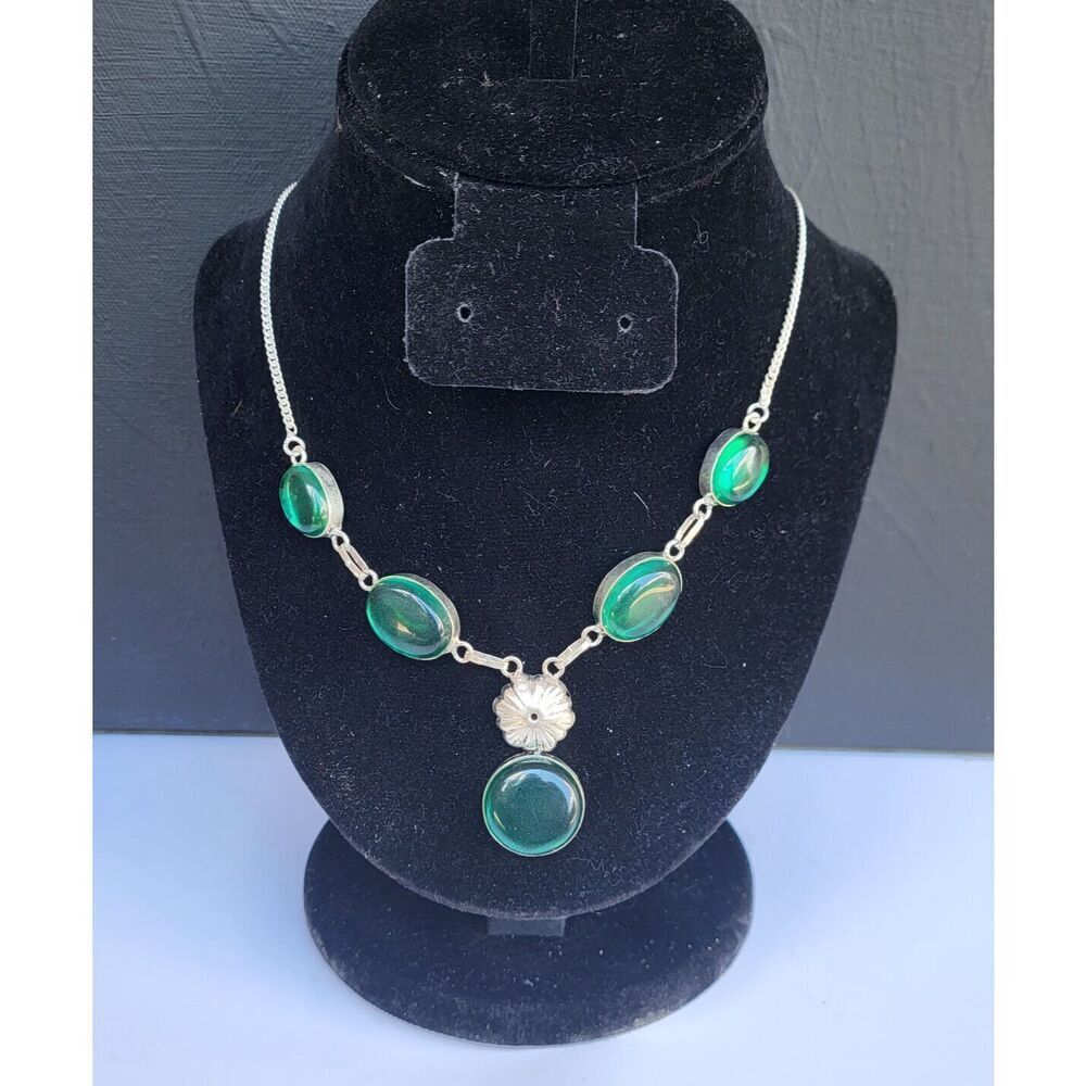 Sterling Silver Dainty Y-Drop Teal Green Bezel Set Necklace 925 stamped - 19"
